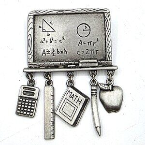 Vintage JJ Jonette Math Teachers Chalkboard Charms Brooch Pin Pewter Tone 1970s